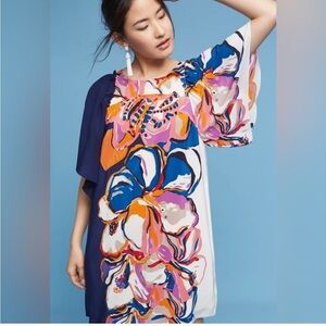 Anthropologie Maeve Floral Vero Flutter Sleeves 100% Silk Shift Dress